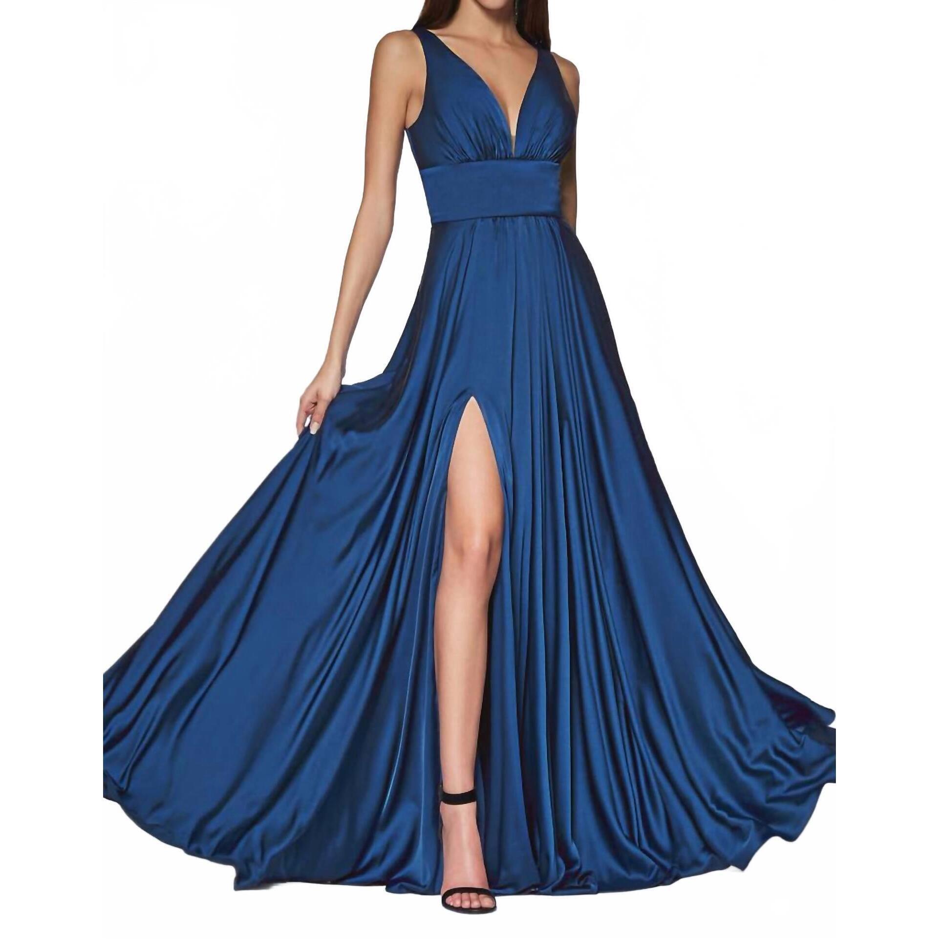 New Ladivine Long Satin A-Line Dress With Slit In Navy